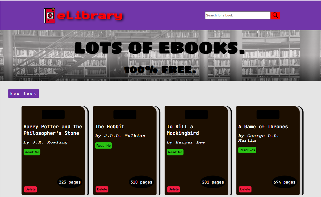 image demonstrating the eLibrary webpage with four books added to it