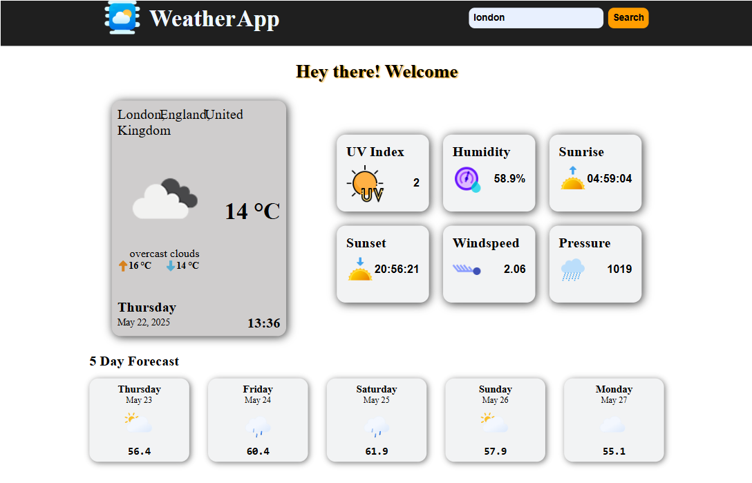 weather app image demonstration with the information of London weather